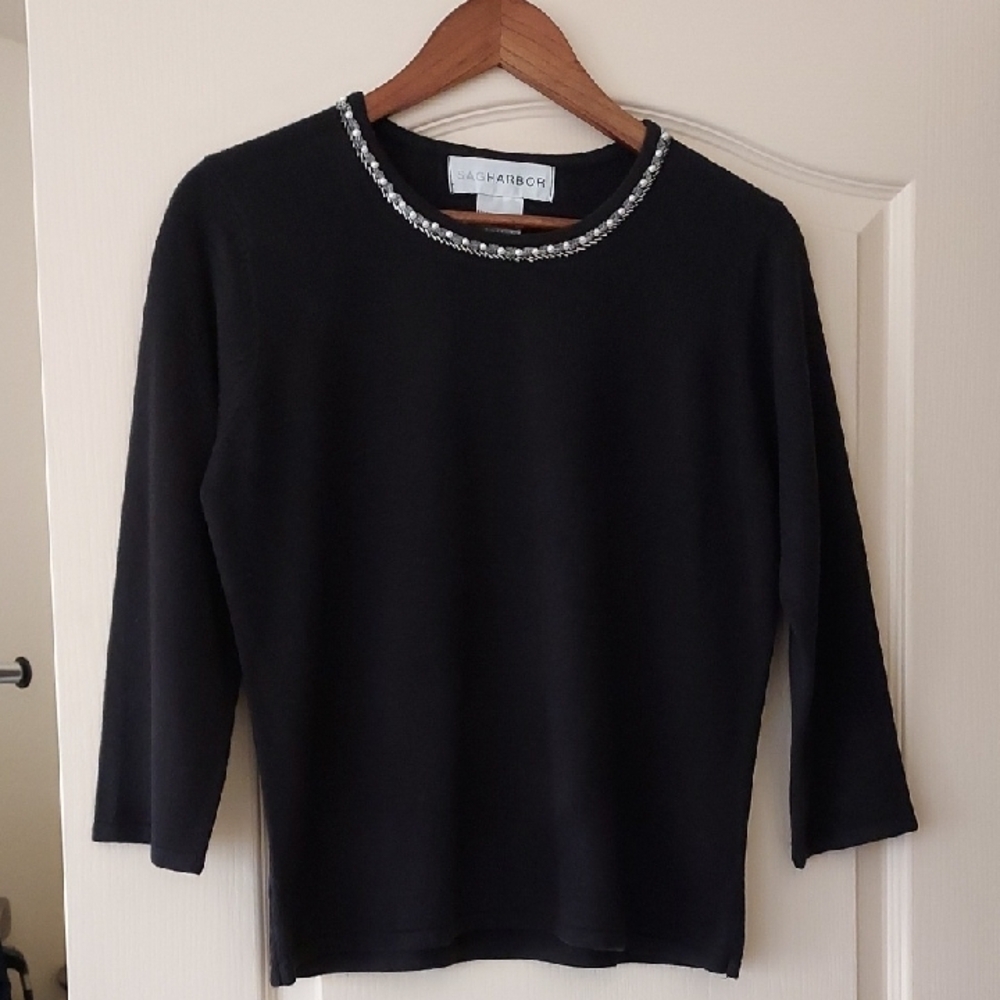 Vintage Black Beaded Neckline Sweater Top Size Medium